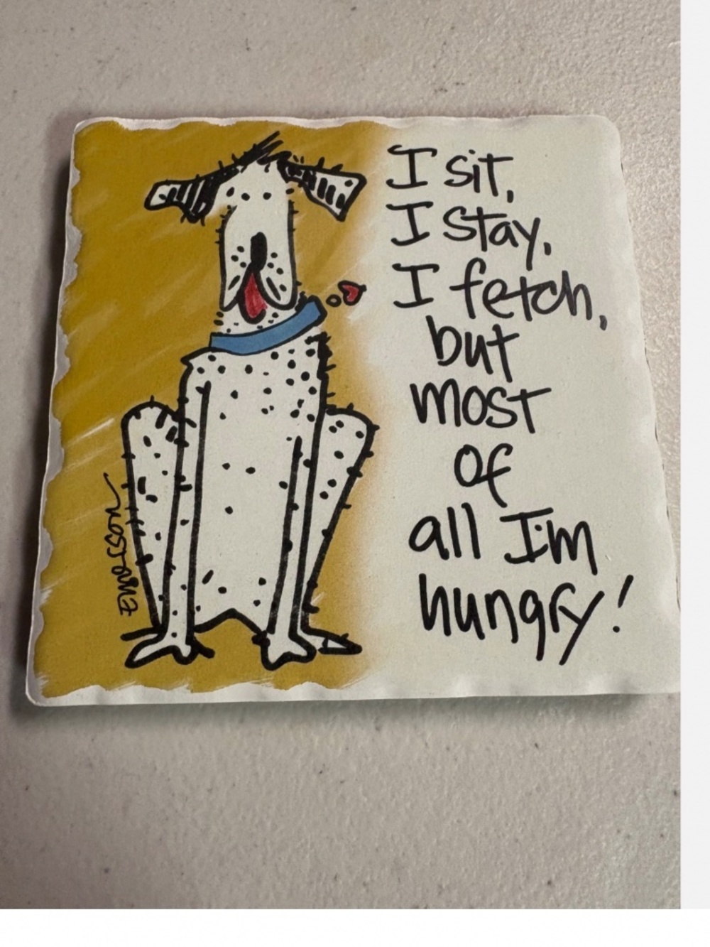 Dog Themed Tumbled Stone coaster “I sit, stay,fetch but most of all hungry
